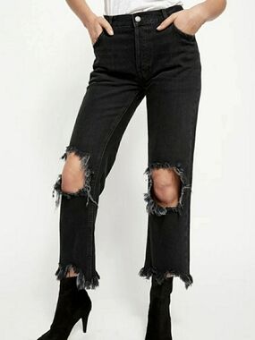 Free People We The Free Maggie Mid-Rise Straight Leg Jeans in a black Wash